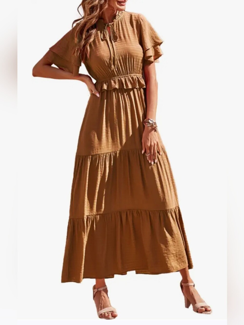 PRETTY GARDEN Brown Tiered Boho Maxi Dress flutter Sleeve Size S
